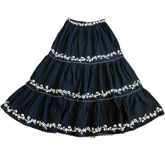 Farm Rio Embroidered Ruffle Maxi Skirt Tiered Cotton Black White Size Medium NWT - Picture 2 of 13
